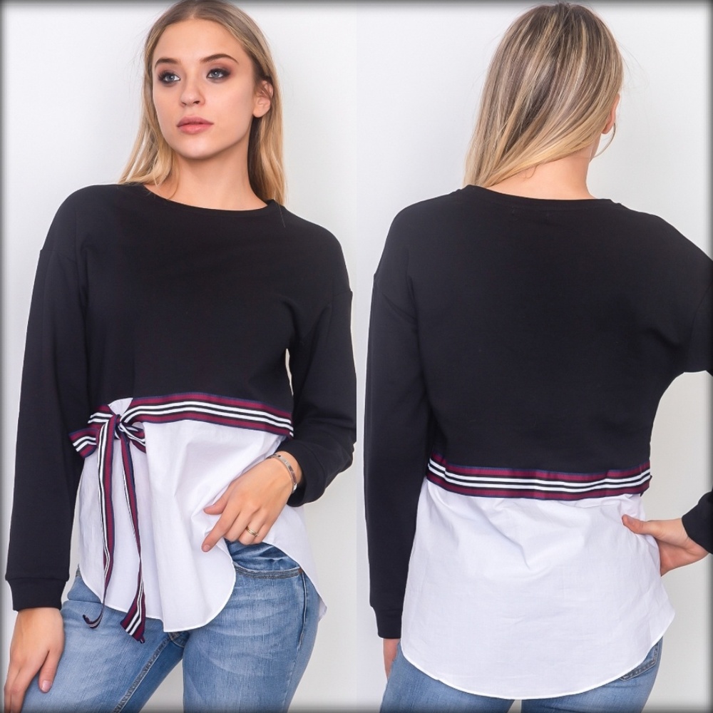 🖤Color Block Ribbon Tie Waist Tunic Top